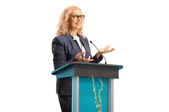 Professional Woman Giving A Speech On A Stand