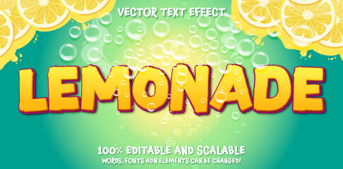 Lemonade juice text, bubble lemon editable text effect illustration banner  - obrazy, fototapety, plakaty