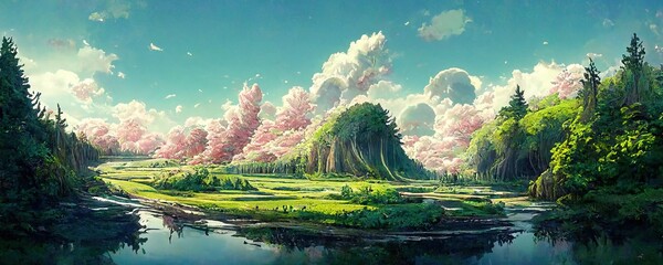 Fototapeta premium Natural landscape in anime style illustration