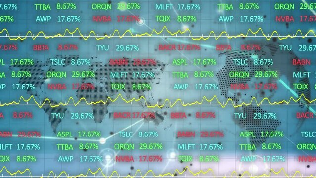Animation of stock market over network of connections and globe on black background
