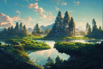 Natural landscape in anime style illustration. Generative AI - obrazy, fototapety, plakaty