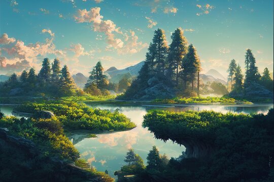 Natural Landscape In Anime Style Illustration