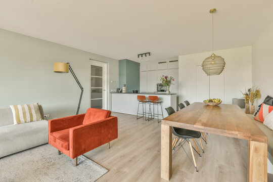 Modern Home With Furniture next to a kitchen