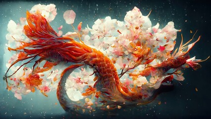 Dragon koi with cherry blossom tree illustration. Generative AI