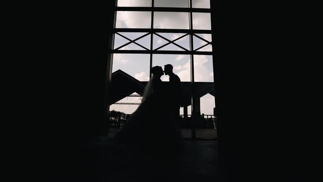 Cool silhouettes of a couple in love kissing at the window. Smooth camera zoom