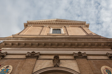 bell tower of the church and rome street architectural historical building in rome city italy with ancient stone and architecture