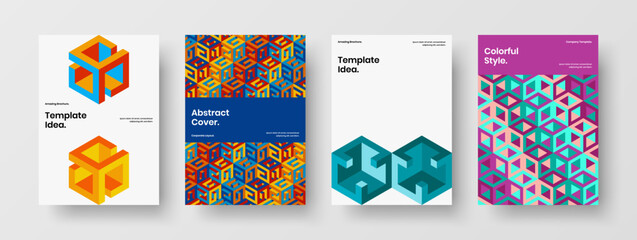 Multicolored company cover vector design concept bundle. Unique mosaic hexagons flyer template set.