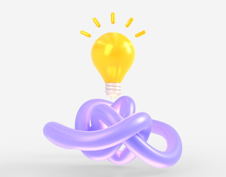 Creative idea, inspiration, innovation concept. Cartoon 3d render illustration of glowing lamp and purple mess line tied in knot. Symbol of search solution or insights, brainstorm, strategy analysis