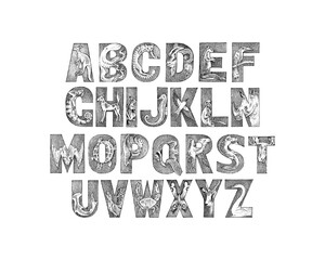 Cute Animals Font for kids. Decorative ancient alphabet. Vintage characters typeface. Double exposure Editable and layered. Kangaroo, octopus. Hand drawn Vector modern antique letters. Graphic ABC zoo