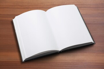 Blank open paper on wooden table, top view