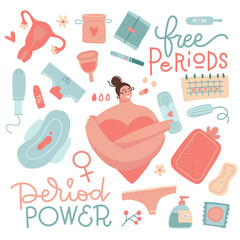 Menstrual period set cute elements. Women with menstruation. Hygiene products symbols collection - tampons, cups, panties, pads, uterus, calendar. Vector cartoon hand drawn illustration