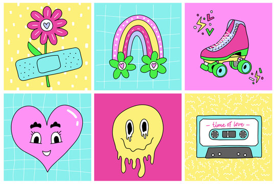 Set of aesthetic illustrations. Cartoon square posters, sticker pack. Heart, daisy with patch, rainbow, roller skates, psychadelic face, tape. Collection of comic elements. 1990s girly style.