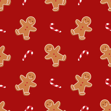 Seamless christmas pattern gingerbread man and candy cane on red background.