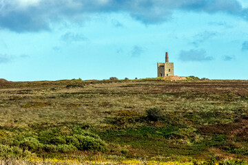 Cornish view with abandoned Greenburrow Pumping Engine House (Ding Dong Mine) in background - Cornwall, United Kingdom