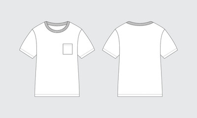 Kids t-shirt crew neck with pocket technical fashion illustration, flat apparel sketch mockup
