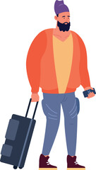 Bearded man with suitcase. Tourist departure to journey travel