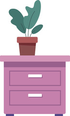 Wooden dresser icon. Drawer furniture with green plant