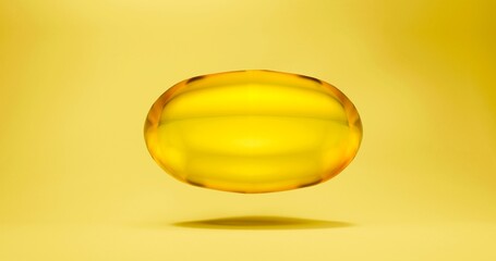 3d illustration of a yellow capsule with a small omega, floating on a yellow background with reflection and shadow. Banner for advertising luxury dietary supplements.