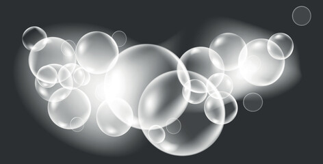 Soap foam bubbles. Realistic white glowing mockup