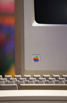 London, United Kingdom - 11.08.2022 : A Close Up Of A Vintage Macintosh Computer From The 80s, Rainbow Apple Logo