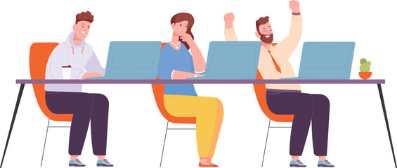 Students with laptops sitting in row. People on lecture