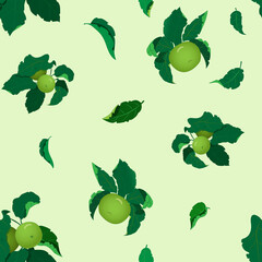 Seamless pattern with apple branches, apples and leaves on a pale green background
