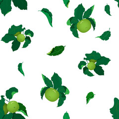 Seamless pattern with apple branches, apples and leaves on a white background