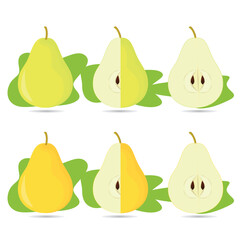 Green pear cartoon set. Cross section of cut pear and whole fruit, isolated vector illustration.
