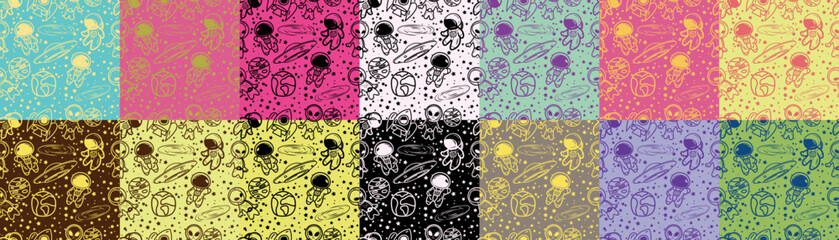 incredibly interesting and cute space doodle with flying saucer, rocket, planets, stars and aliens. Beautiful print for wallpaper and clothes in vector. Pattern. Color set