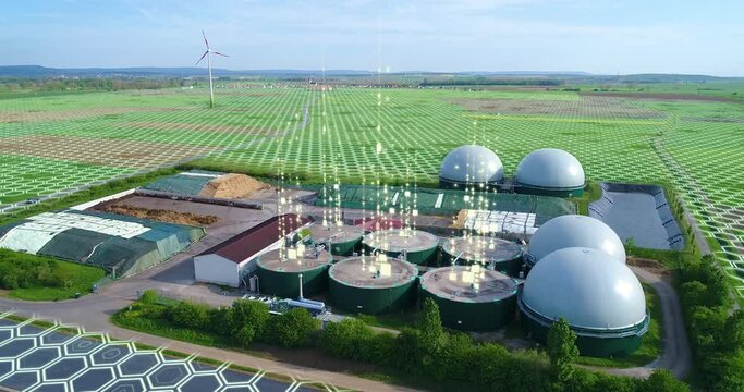 Large biogas plant aerial view. Visualization of modern technologies. Data sciences in the gas industry