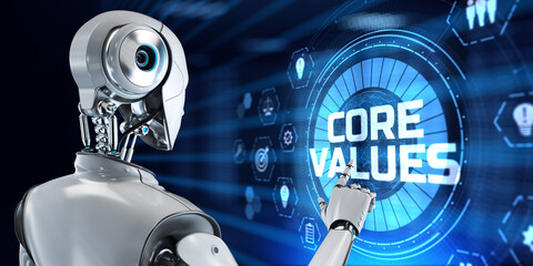 Core value Innovation technology. Robot pressing button on screen 3d render.