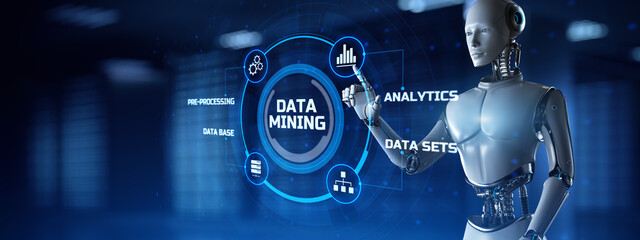 Data mining analysis technology. Robot pressing button on screen 3d render.