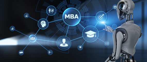 MBA Master business administration education. Robot pressing virtual button 3d render illustration.