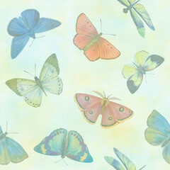 Fototapeta na wymiar Seamless pattern Watercolor butterflies. Botanical background of butterflies for design, wallpapers, wrapping paper, textiles.