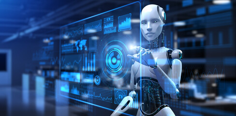 Fototapeta premium Cyborg Robot 3d render. Robotic process automation RPA data analysis.