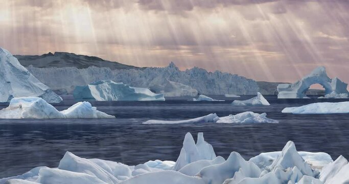 Animated landscape featuring icebergs in the ocean, with a mountain and glacier in the background, with sun rays