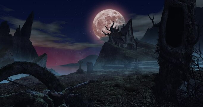 Animated spooky landscape of a haunted house on a hill in front a big red moon, with jagged cliffs, ocean, and dead trees.