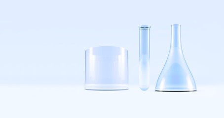 Erlenmeyer Flask. Glass Conical Lab Container with DNS. Blue tones Translucent Liquid Suspension. 3D illustration 