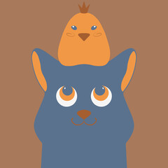 A gray cat with a chicken on his head. Cute illustration of animals. Friendship of a bird and a cat. Happy pets.