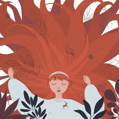 Digital illustration of a girl with red hair. A symbol of autumn. Woman and grasses. Character in traditional clothing.