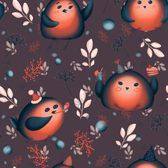 Seamless pattern of snowbirds in holiday caps. New Year's, Christmas pattern. Illustration with birds and plants.