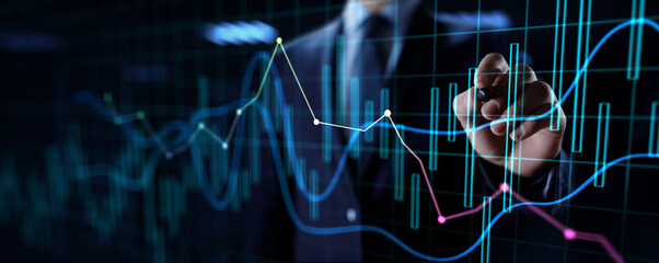 Financial charts diagram stock market data analysis. Businessman and virtual dashboard. - obrazy, fototapety, plakaty