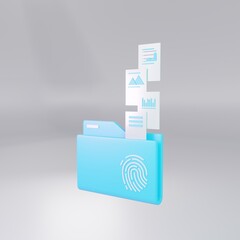 Digital folder with protected documents. Fingerprint on a folder with documents. 3d rendering.