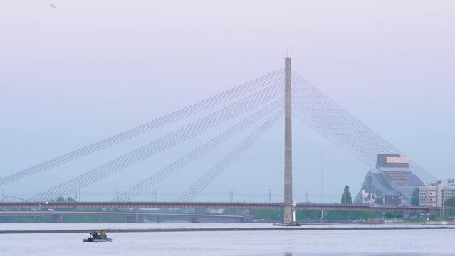 Boat under Vansu bridge, Riga, Latvia.
