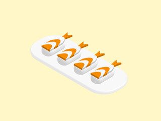 3d Japanese shrimp nigiri sushi on white plate with yellow pastel background.