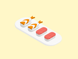 3d Japanese salmon and tuna nigiri sushi on white plate with yellow pastel background.