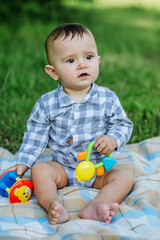 Little boy sits on blanket on green grass in park on summer day. Toddler plays with toy.