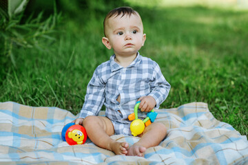 Little boy sits on blanket on green grass in park on summer day. Toddler plays with toy.