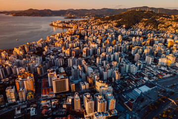 Aerial view of Florianopolis downtown in Brazil. Urban view of architectural landscape at sunset