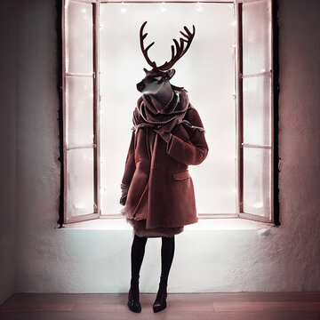 Surreal hybrid creature Elaphocentaurs half woman half deer in mythologie standing in front of an open window, winter season with snow, christmas, illustration